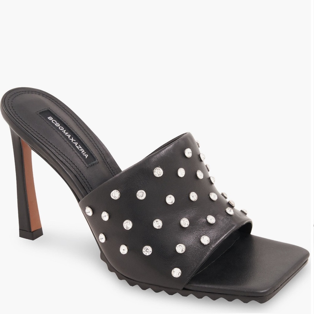 BCBGMAXAZRIA Porsha jeweled black leather slide heel sandal size 7.5 BRAND NEW